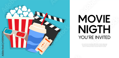 Cinema tickets design concept. Movie Night invitation. Cinema poster template. Composition with popcorn, clapperboard, 3d glasses and filmstrip. Banner design for movie theater. Vector 10 eps.