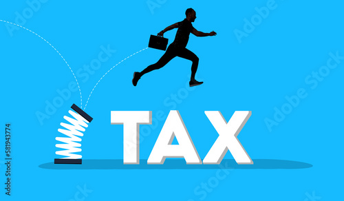 Avoid Taxes and Tax Evasion Concept. Businessman Jumping From Spring Over Tax Text.  photo