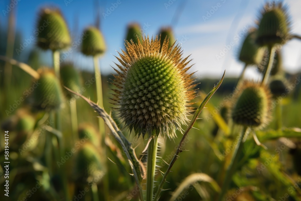 Wild teasel (dipsacus fullonum) in close up on a late summer field. natural macro photography. Generative AI Wild teasel (dipsacus fullonum) in close up on a late summer field. natural macro photography. Generative AI