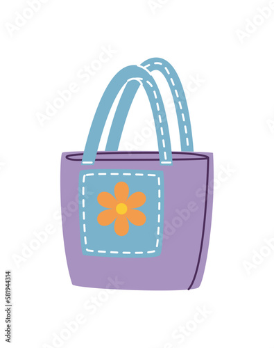 Fashion accessory for women. Colorful doodle sticker with large casual shopper bag with floral print. Stylish handbag. Cartoon flat vector illustration isolated on white background