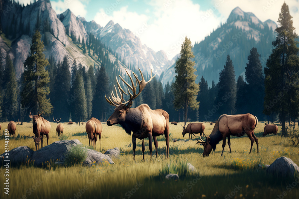 Field full of elk in the mountains generative ai