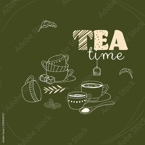 Collection of Doodle tea time elements on a green background. Cup, sugar, mint leaves, tea bag 