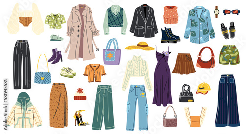 Fashion clothes set. Stickers with trousers, blouses, coats, accessories, shoes and outerwear for stylish outfits. Various casual apparel. Cartoon flat vector collection isolated on white background