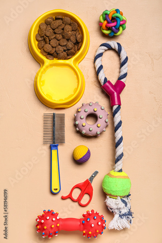 Composition with pet care accessories and dry food on color background