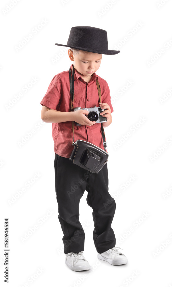 Cute little photographer with camera on white background Cute little photographer with camera on white background