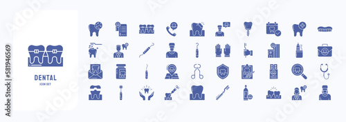 Dental treatment icon set, including icons like Bacteria, Bill, Braces, Call and more