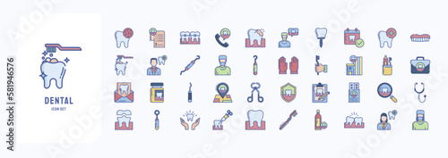 Dental treatment icon set, including icons like Bacteria, Bill, Braces, Call and more