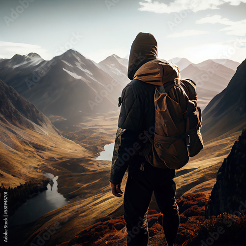 a person with a backpack looking out at the mountains and lake in the distance, as if it's not going anywhere
