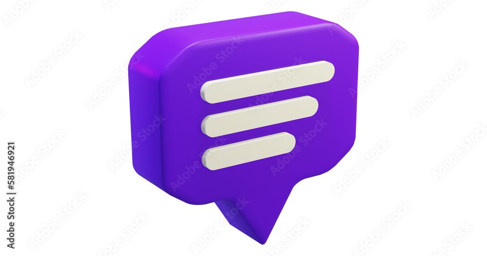 Png 3d render bubble chat with box shape, purple color, and 3 blank space 