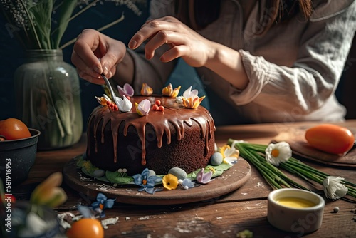 In the kitchen, a young woman decorates a classic Easter cake with glaze. Generative AI