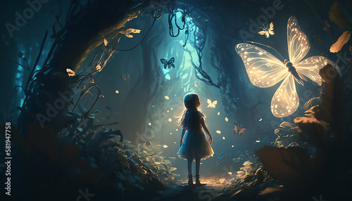 Girl in dress with shining butterfly walking in fantasy fairy tale elf forest photo