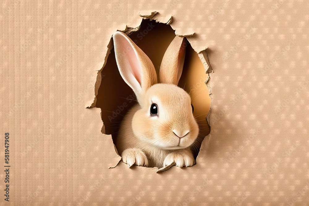 ภาพประกอบสต็อก Bunny peeking out of a hole in beige wall background