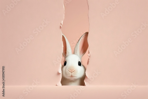 Bunny peeking out of a hole in pink wall background, fluffy cute eared bunny easter bunny banner, rabbit jump out torn hole, Generative AI