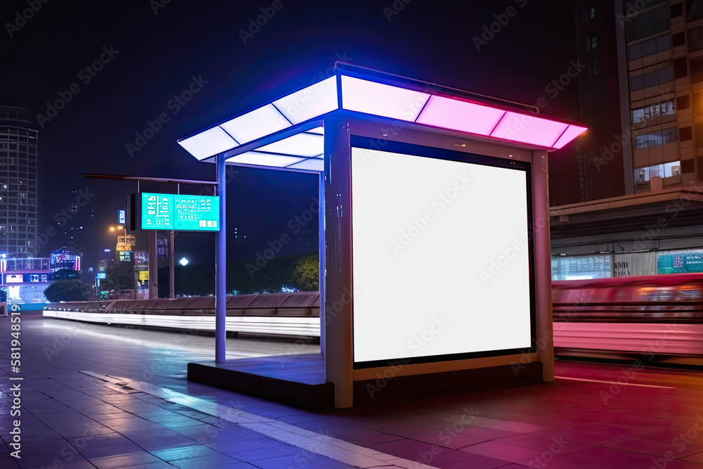 Bright billboard at a public transport stop, night, layout. Generative ai.