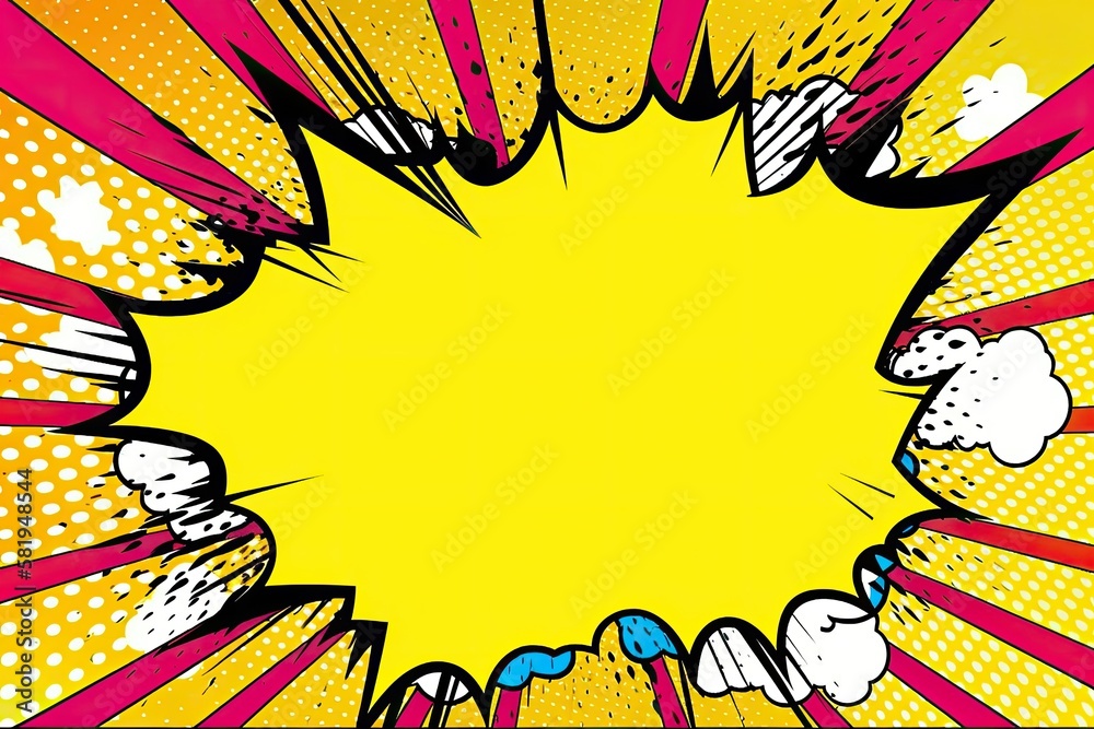 Fototapeta premium Big yellow explosion in comic style on the background of the rays of the sun. Generative ai.
