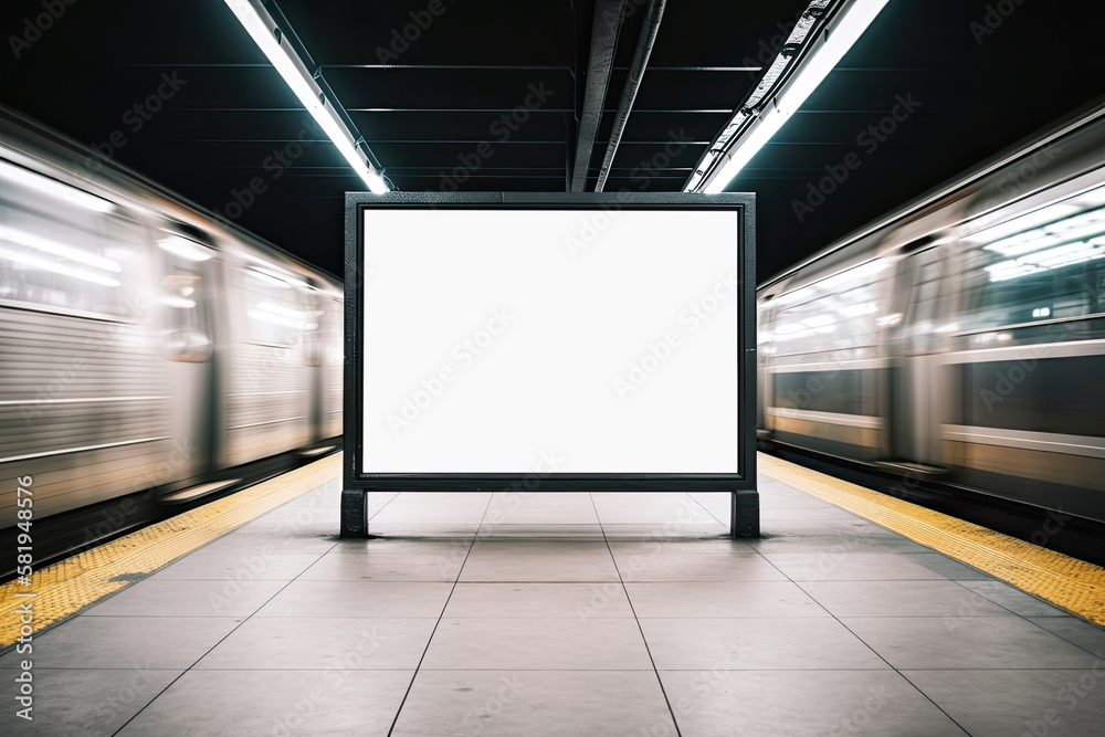 The layout of the advertising screen in the subway, the template in the interior. Generative ai.