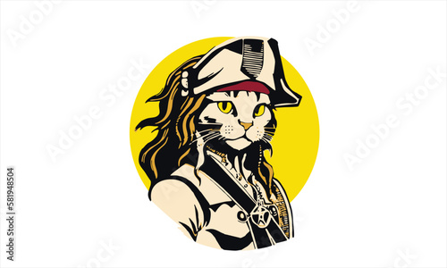 pirate cat dressed in pirate sea captain costume and hat vector illustration