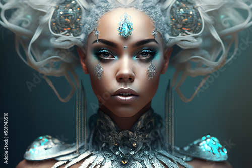 Portrait of a beautiful girl queen of diamonds fantasy dark goddess. Neural network AI generated art