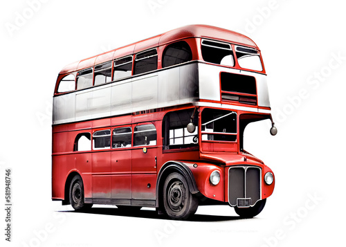 Illustration of vintage red double decker bus on white background, AI Generated image. photo