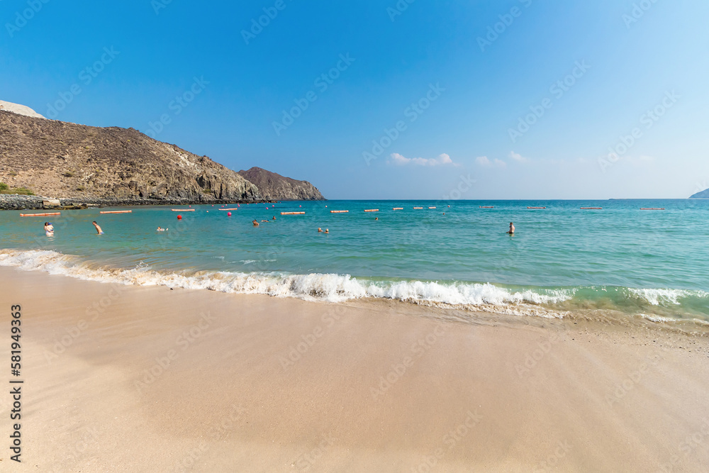 Oceanic Khorfakkan Resort and Spa beach. Khorfakkan, Fujairah, UAE. Summer travel and beach vacation in United Arab Emirates.