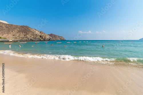 Oceanic Khorfakkan Resort and Spa beach. Khorfakkan, Fujairah, UAE. Summer travel and beach vacation in United Arab Emirates.