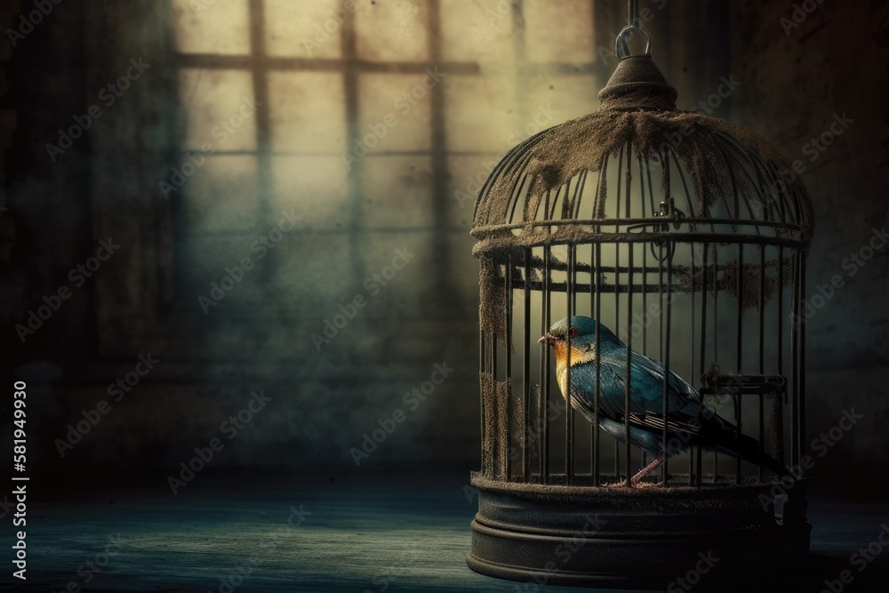 freedom concept, bird in an open cage. Generative AI