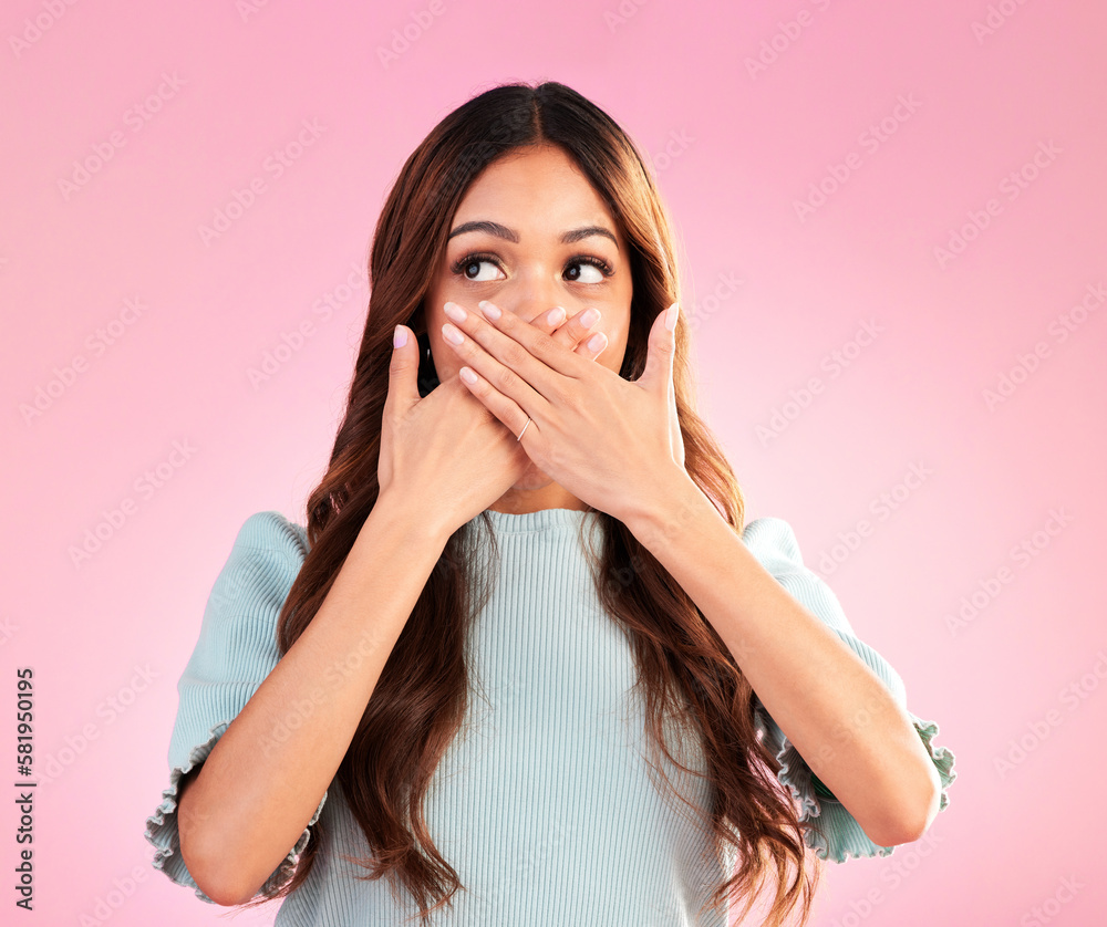 Foto Stock Quiet Surprise And A Beautiful Woman With A Secret Isolated On A Pink Background In 