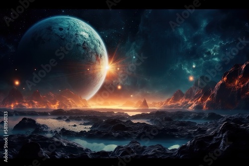 Panorama view universe space. Cosmic landscape, beautiful science fiction wallpaper with endless deep space. Elements of this image furnished by NASA. Generative AI