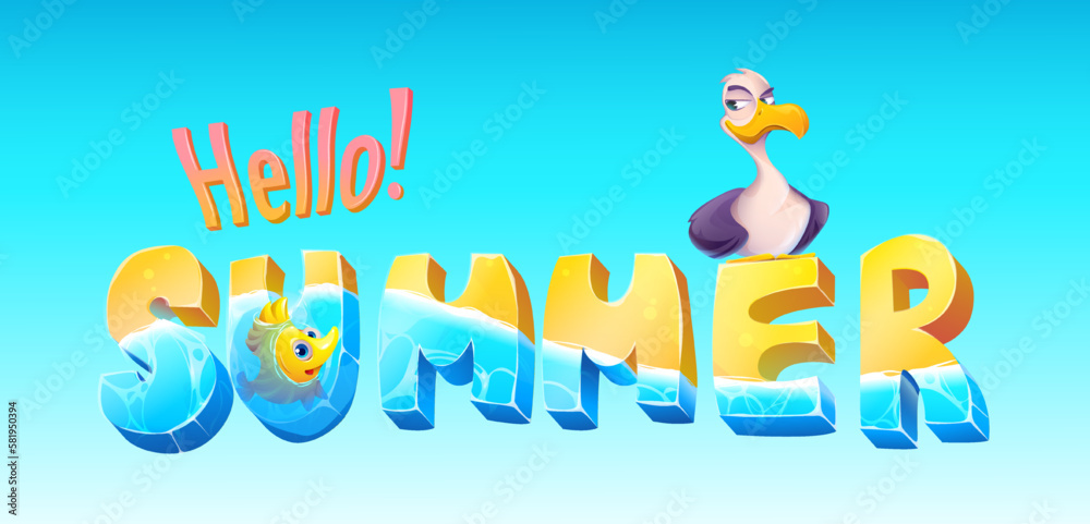 Hello summer banner. Abstract colorful background with beach vibes. Poster or cover with bright inscription, tropical and exotic bird and fish. Cartoon flat vector illustration