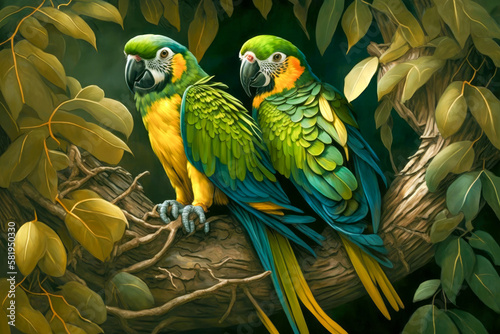 Two Colorful Green Exotic Parrots Sitting on a Tree (Generative AI) © senadesign