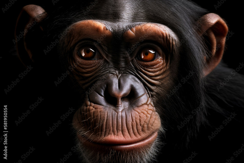 Close-up of a curious chimpanzee's face on a black background
