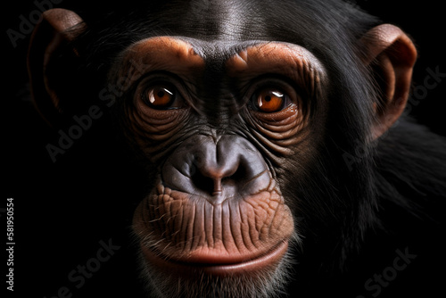 Close-up of a curious chimpanzee's face on a black background
