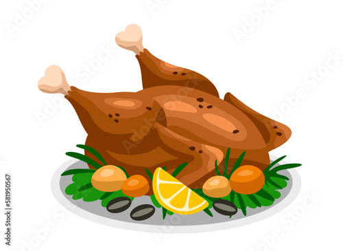 Traditional Christmas Food. Delicious hot dish for Xmas party. Baked turkey or chicken meat with garnish. Festive meal for winter holiday. Cartoon flat vector illustration isolated on white background