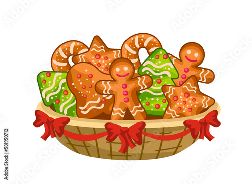 Traditional Christmas Food. Plate with delicious gingerbread cookies with icing. Sweet dessert for Xmas. Festive meal for winter holiday. Cartoon flat vector illustration isolated on white background