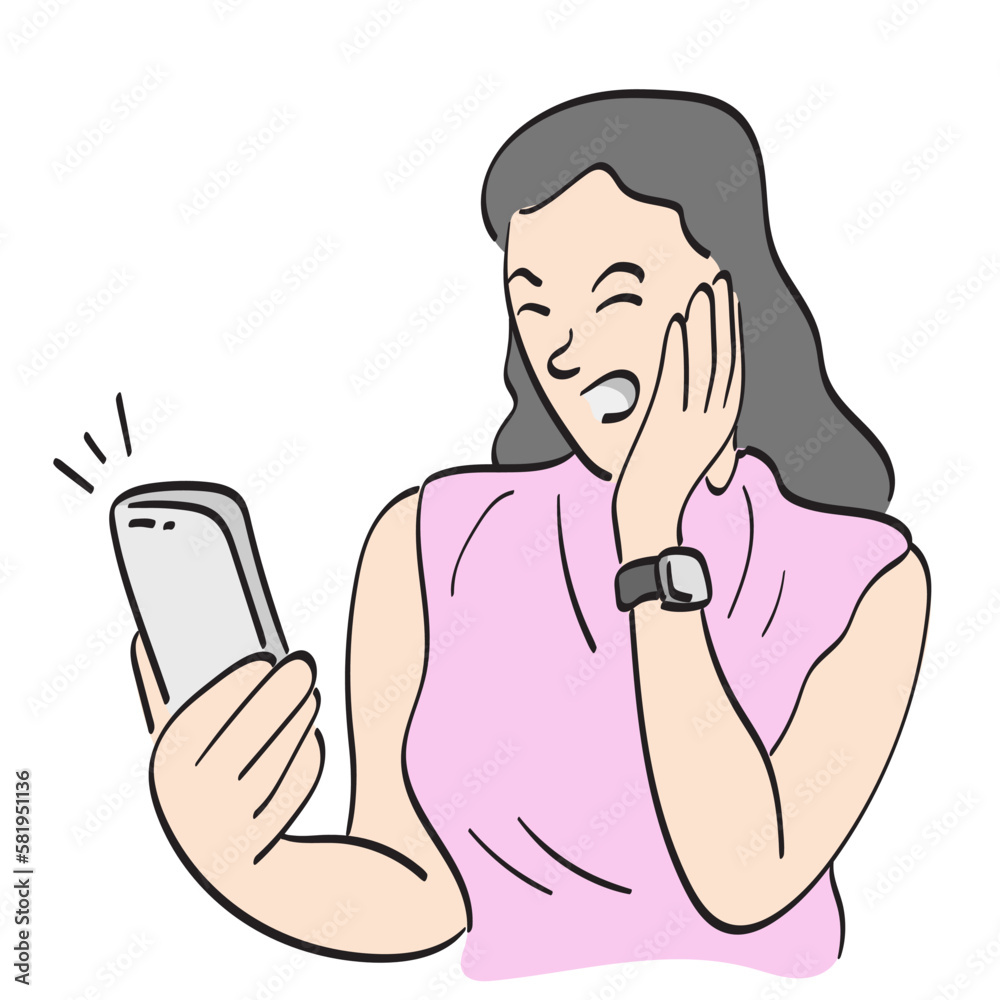 line art annoyed young woman looking at her smartphone screen illustration vector hand drawn isolated on white background