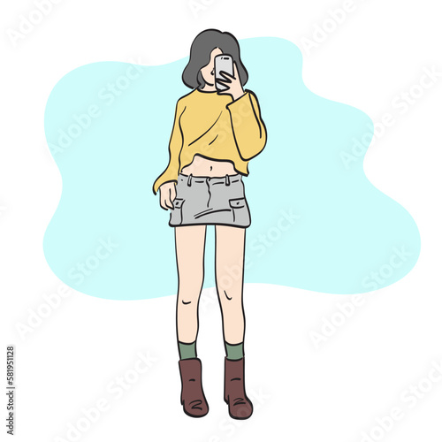 woman with miniskirt taking selfie through mirror illustration vector hand drawn isolated on white background line art.