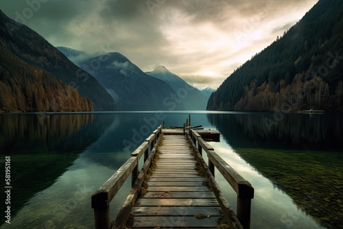 scenic view of a dock in Olympic National Park, Washington State's Lake Crescent. Usa. Generative AI