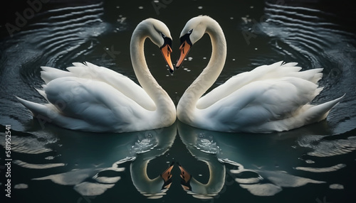 Fototapeta Naklejka Na Ścianę i Meble -  two white swans on the water, looking at each other, curved necks in the shape of a heart, swan fidelity