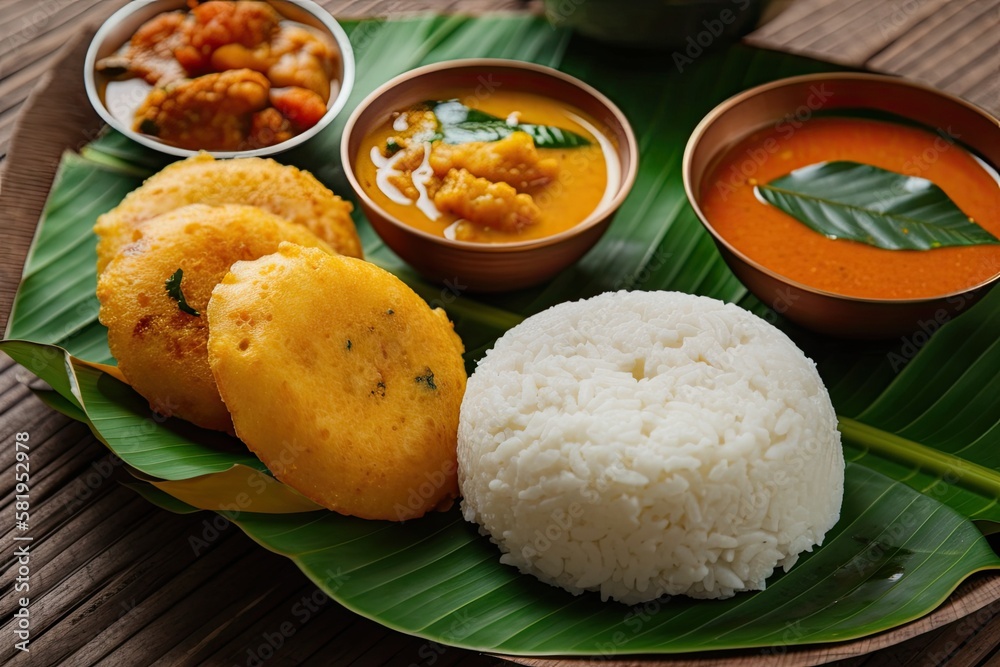 South Indian cuisine sambar and idli vada on a banana leaf. Generative