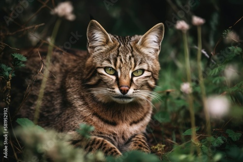 Small, adorable cat lying in the grass. A young bobcat follows its prey through the woods. stripes, pointy whiskers, and ears. trees, flowers, woodlands, and grass. animal controlled photo shoot with