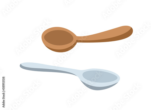 Wooden and metal spoon. Kitchen utensils, equipment for cafe or restaurant. Dining, breakfast and eating tools collection. Cartoon flat vector illustrations isolated on white background