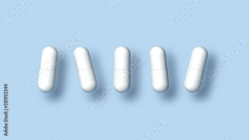 White capsule pills on blue closeup. Mock up ,realistic medicine pill. Flat lay, copy space . 3D Rendering