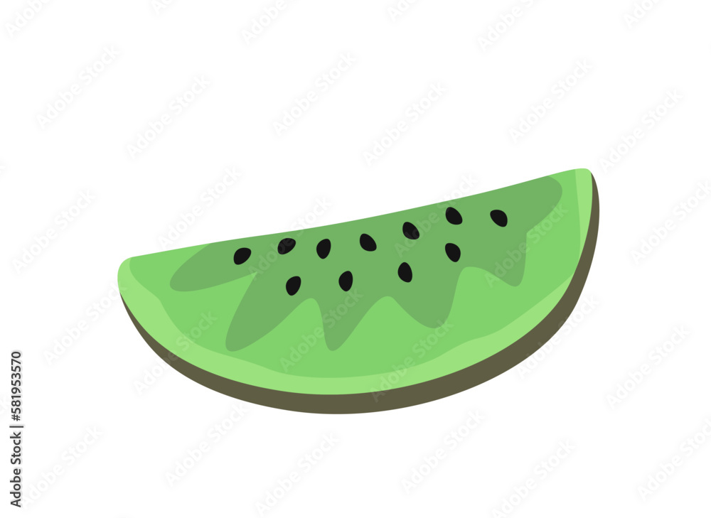 Slice of kiwi. Fresh and tasty fruit. Vitamins and useful elements. Tasty breakfast from menu or restaurant. Template, layout and mock up. Cartoon flat vector illustration