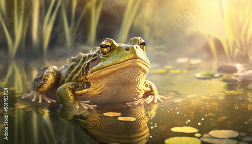 green frogs sitting in a pond on a sunny day © The animal shed 274
