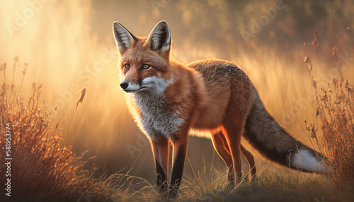 a hunting male fox grazing the meadows