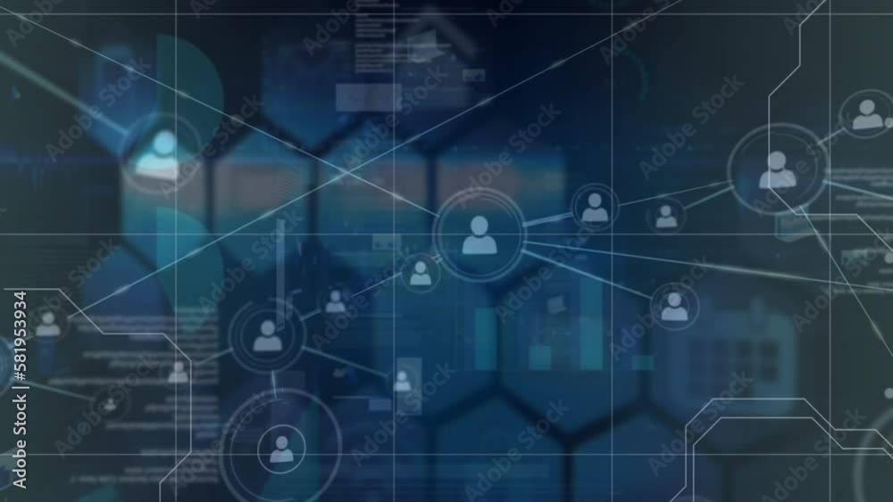 Animation of connected icons over computer language against hexagon pattern in background