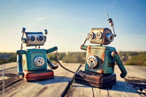 Two retro Robots toys talking on tin can phones on an old wooden floor and blue sky. Generative AI photo