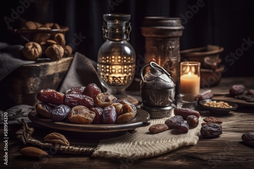 Ramadan Food Background Happy iftar  breakfast  in Ramadan on a wooden table with Arabian dates  dried fruits  and milk. Generative AI