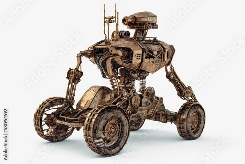 Steampunk robot on vehicle. Cyberpunk style. Chrome and bronze parts. Isolated on white. Generative AI