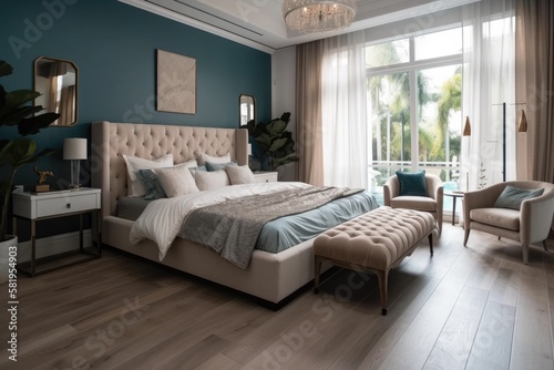 Florida, 12 March 2021 Luxurious Bright Bedroom With Comfortable King Size Bed and Modern Furniture. Template For Expensive Residential Mansion. Concept For Interior, Architecture And Lifestyle © AkuAku